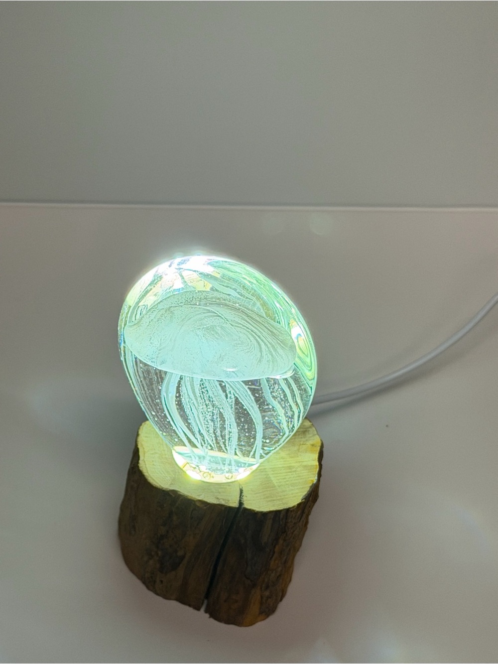 Handblown Glass Jellyfish paperweight - lights Iridescent Green